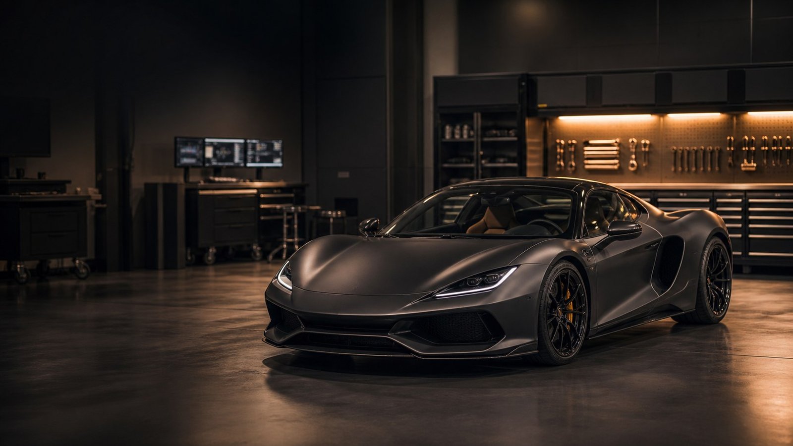 Fictional unbranded supercar in a professional independent workshop